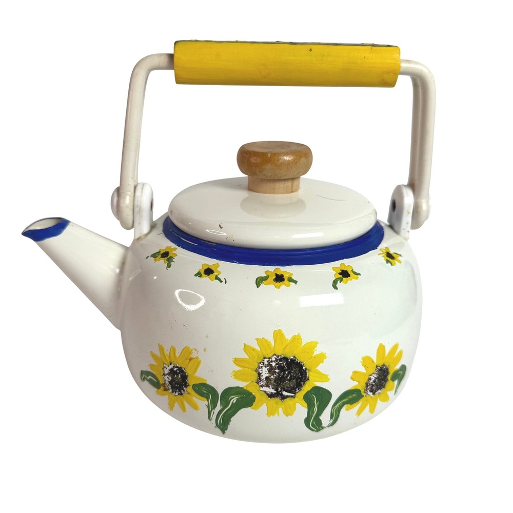White Enamel Sunny Golden Yellow Sunflowers Tea Kettle Blue Trim Wood Handle